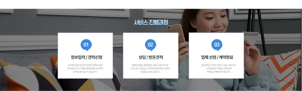 견적 신청·상담·업체 선택 과정을 소개하는 홍보 사진과 안내 그림