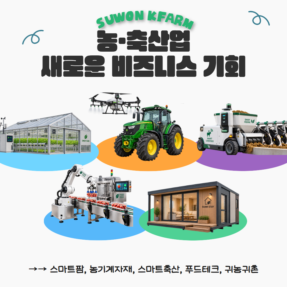 스마트팜·농기계자재·스마트축산·푸드테크·귀농귀촌을 소개하는 수원 케이팜 제공 합성 소재