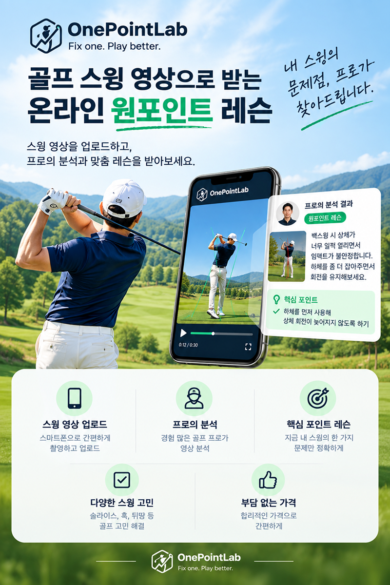 스윙 영상과 프로의 분석 결과 카드 예시를 보여 주는 원포인트랩 광고 이미지