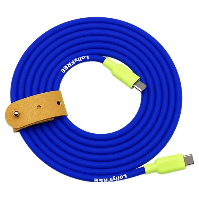 블루 실리콘 선에 형광색 USB-C 단자와 갈색 정리 스트랩이 붙은 롤리프리 2m 케이블