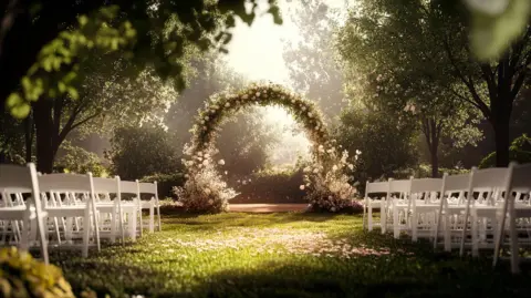 Romantic outdoor wedding venue setup with natural lighting